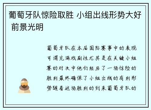 葡萄牙队惊险取胜 小组出线形势大好 前景光明