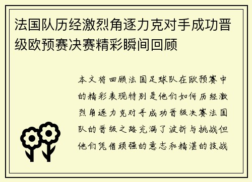 法国队历经激烈角逐力克对手成功晋级欧预赛决赛精彩瞬间回顾